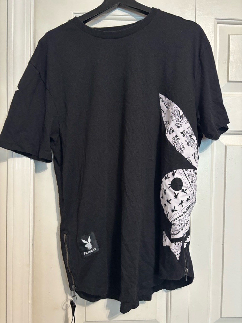 PLAYBOY Black Short Sleeve Tee with White Bandana Graphic